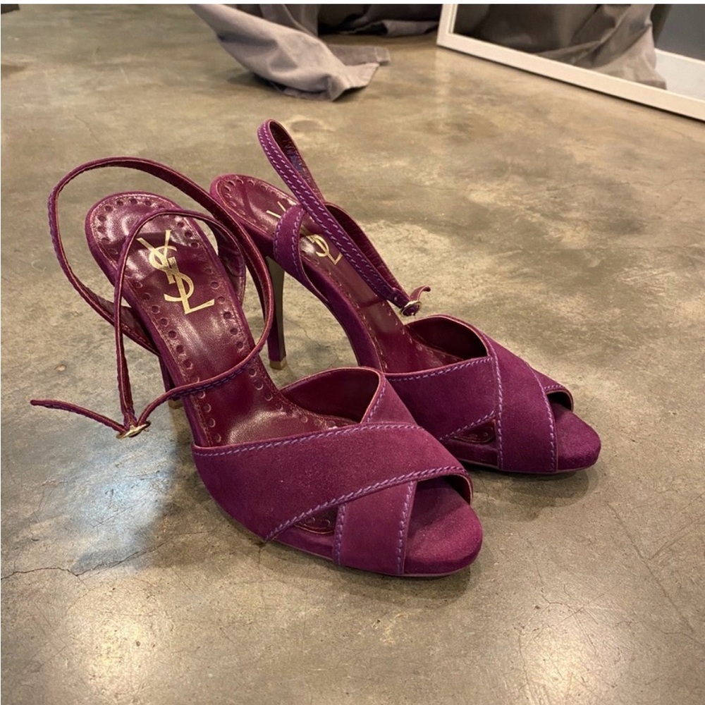 Saint Laurent Deep Plum Suede Slingback Heels - Picture 2 of 5